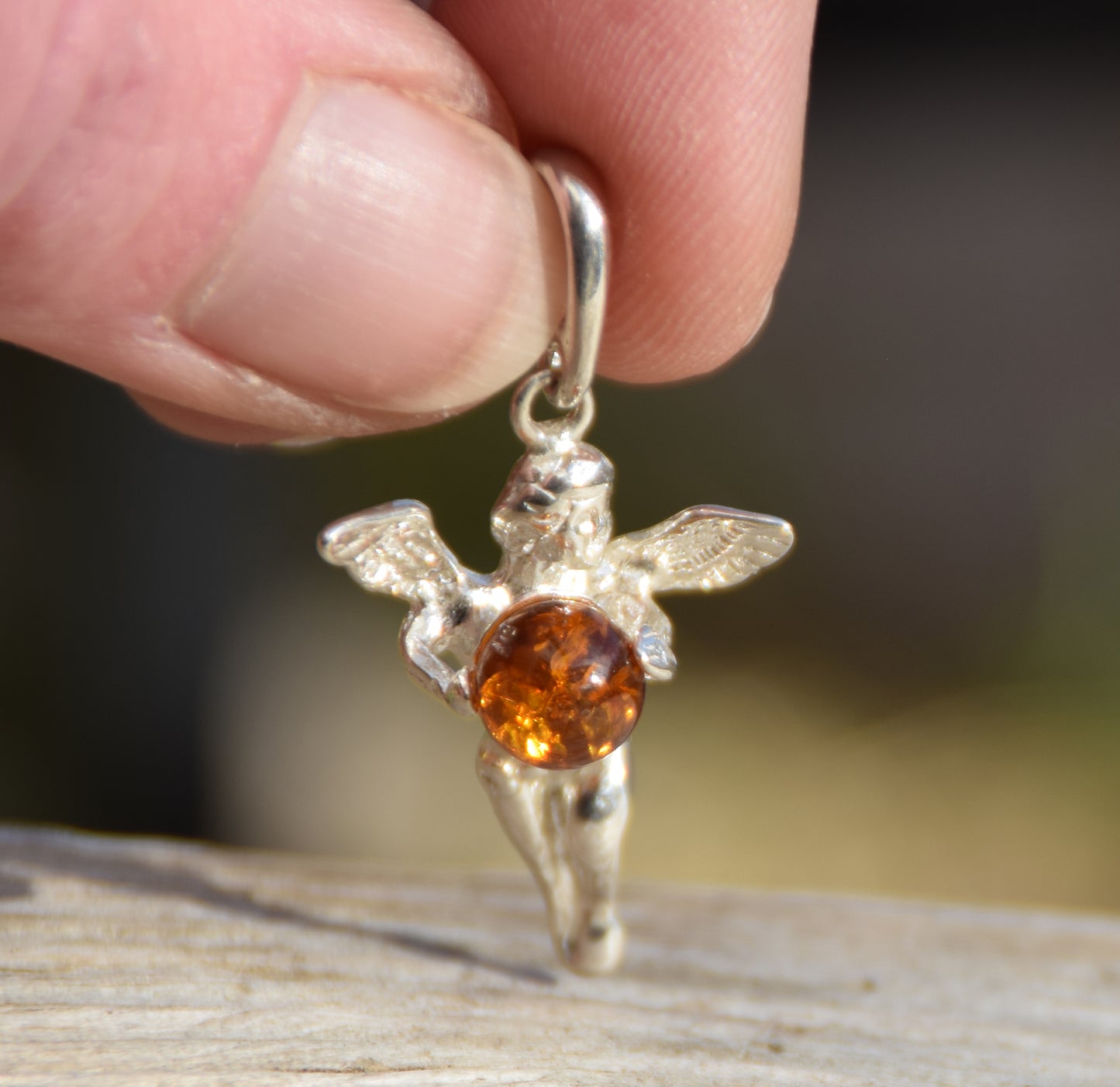 Brown natural Amber and 925 Sterling Silver Angel Protection Pendant, MJ Baltica, BW047