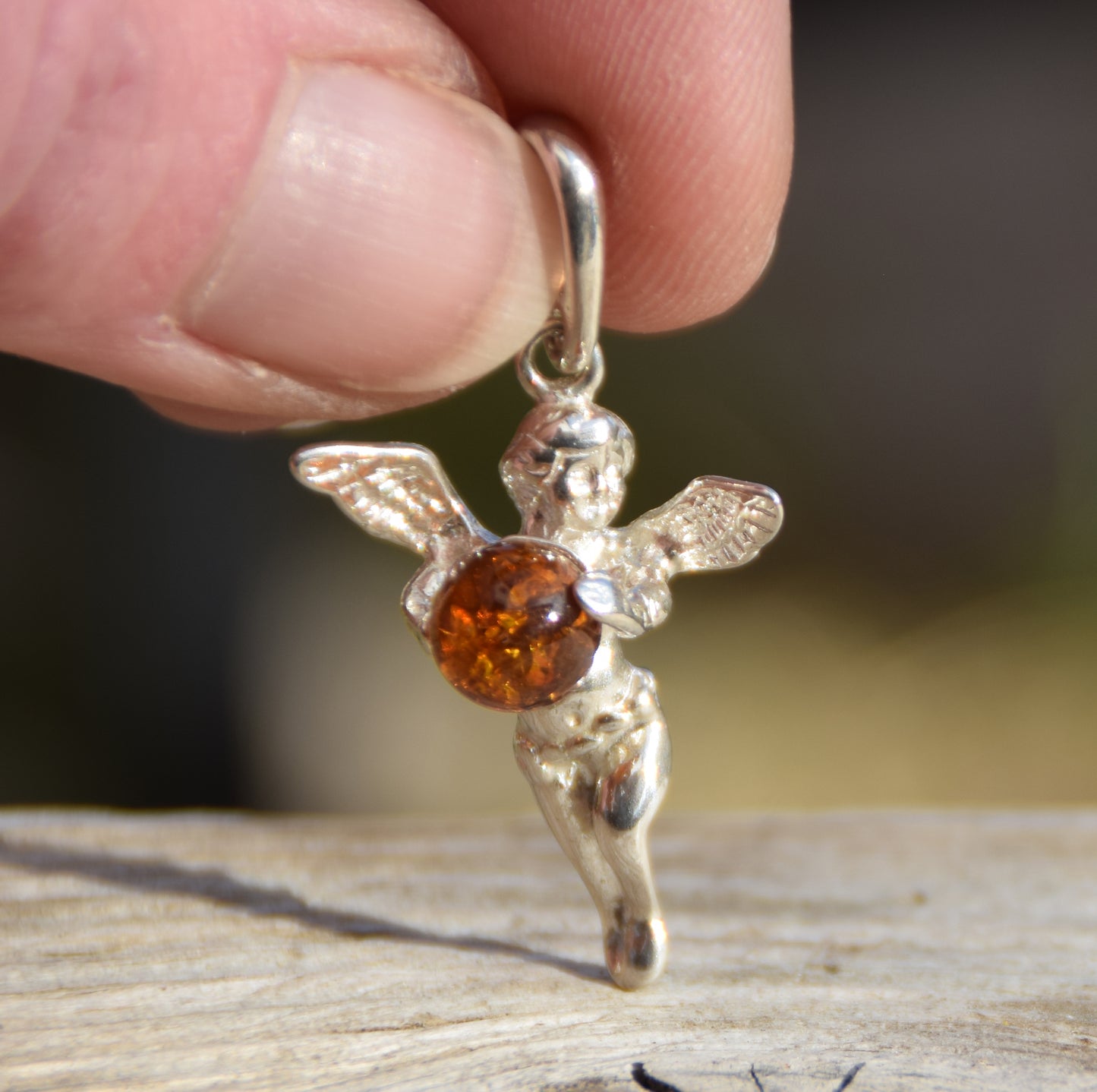 Brown natural Amber and 925 Sterling Silver Angel Protection Pendant, MJ Baltica, BW047