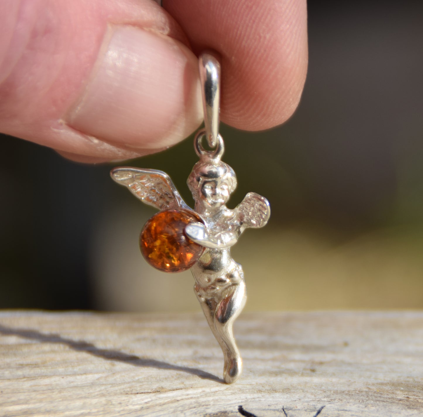 Brown natural Amber and 925 Sterling Silver Angel Protection Pendant, MJ Baltica, BW047