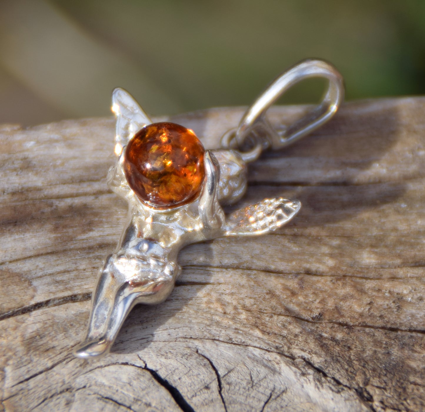 Brown natural Amber and 925 Sterling Silver Angel Protection Pendant, MJ Baltica, BW047