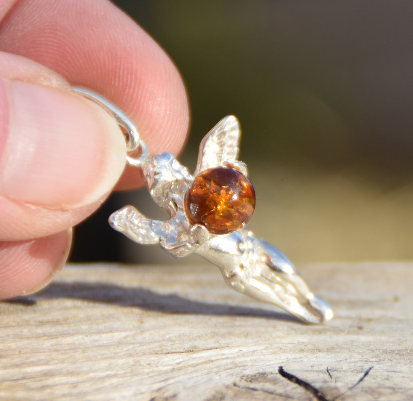 Brown natural Amber and 925 Sterling Silver Angel Protection Pendant, MJ Baltica, BW047