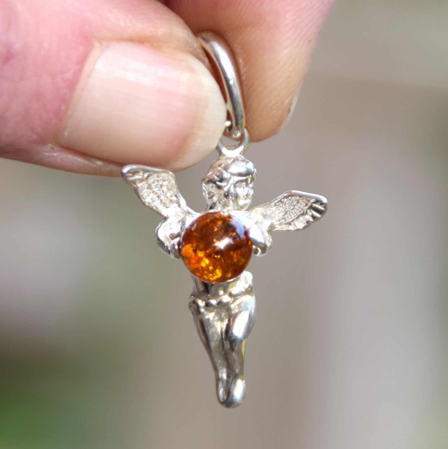 Brown natural Amber and 925 Sterling Silver Angel Protection Pendant, MJ Baltica, BW047