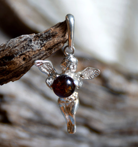 Brown natural Amber and 925 Sterling Silver Angel Protection Pendant, MJ Baltica, BW047