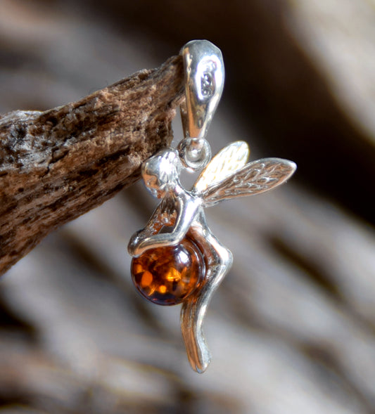 MJ Baltica, ciondolo, fata, fatina, Ambra naturale Baltica, Argento 925, fatto a mano, BW048