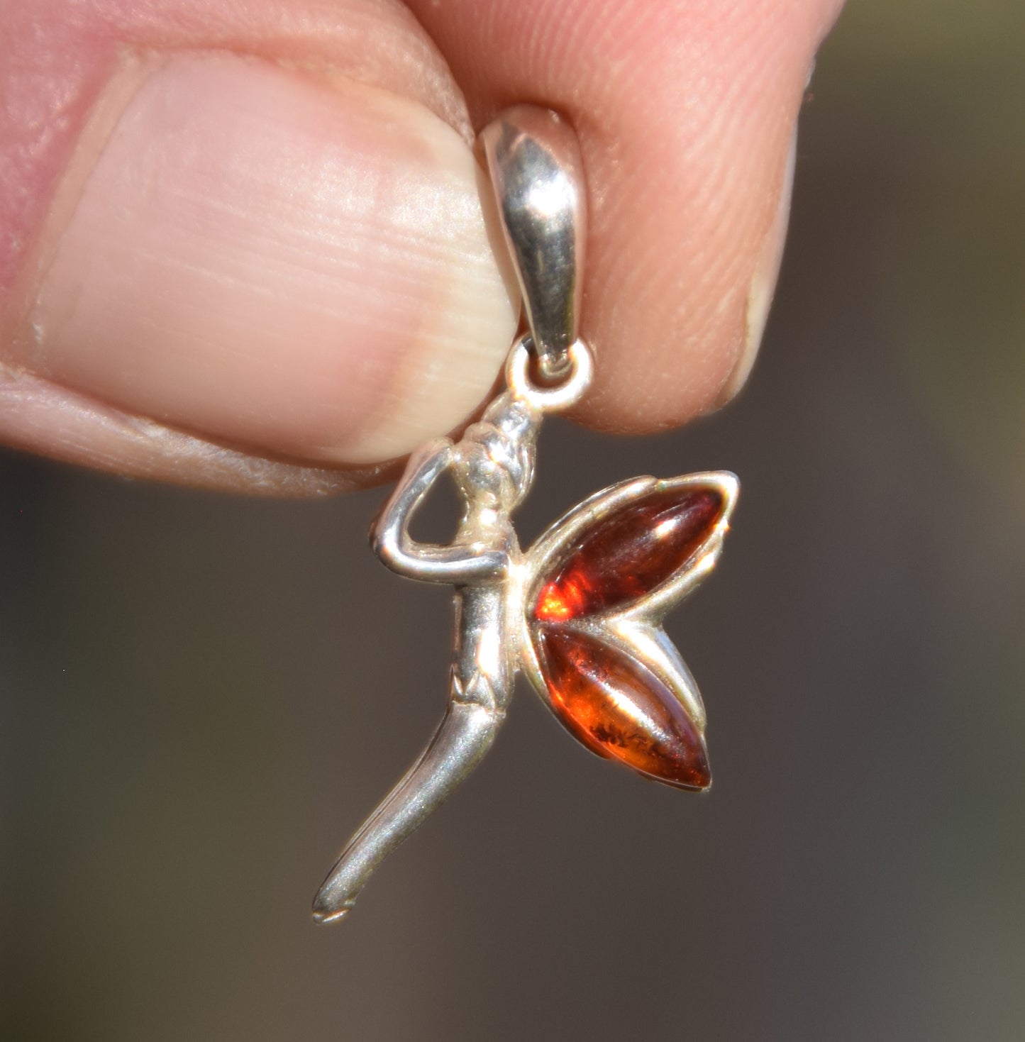 Delicate fairy pendant in dark brown natural Amber and 925 Sterling Silver, MJ Baltica, BW049