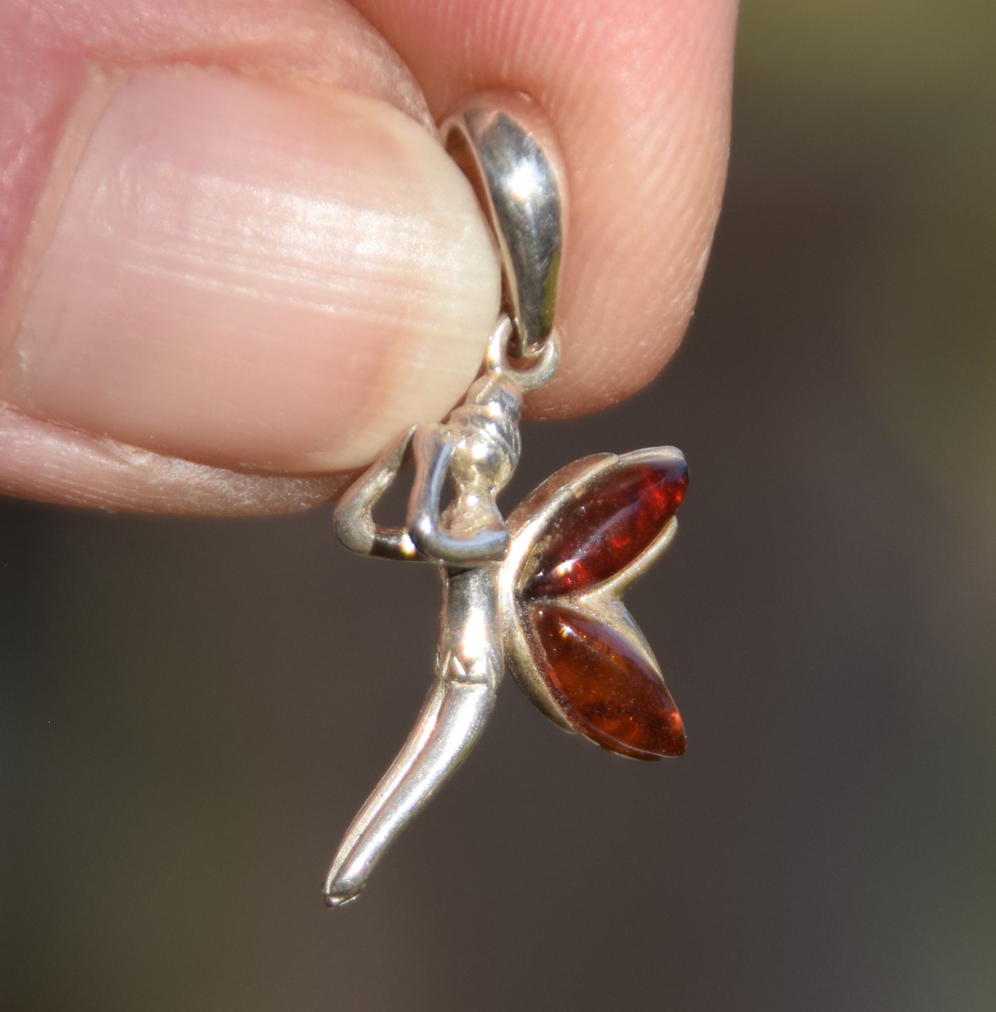 Delicate fairy pendant in dark brown natural Amber and 925 Sterling Silver, MJ Baltica, BW049