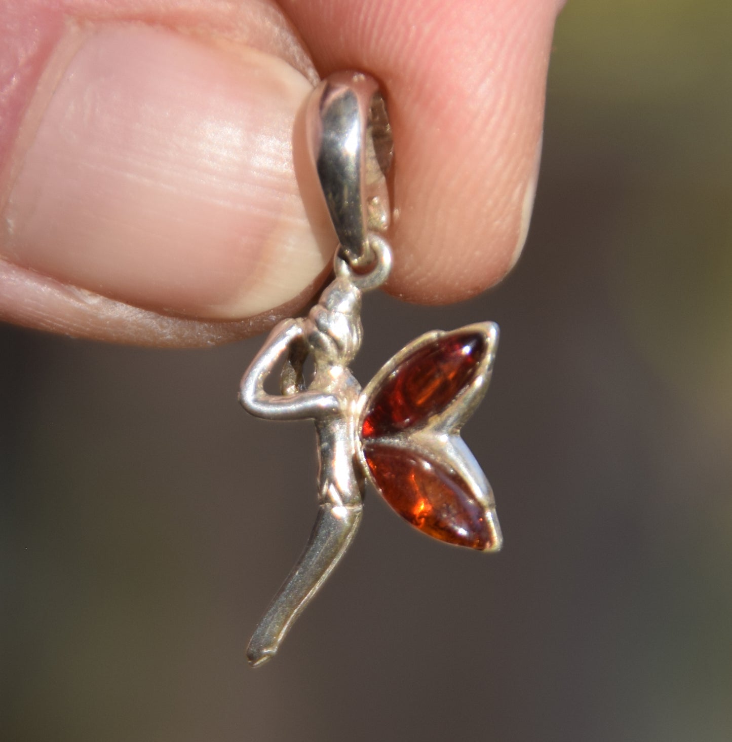 Delicate fairy pendant in dark brown natural Amber and 925 Sterling Silver, MJ Baltica, BW049