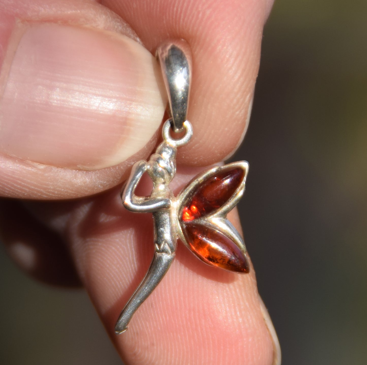 Delicate fairy pendant in dark brown natural Amber and 925 Sterling Silver, MJ Baltica, BW049