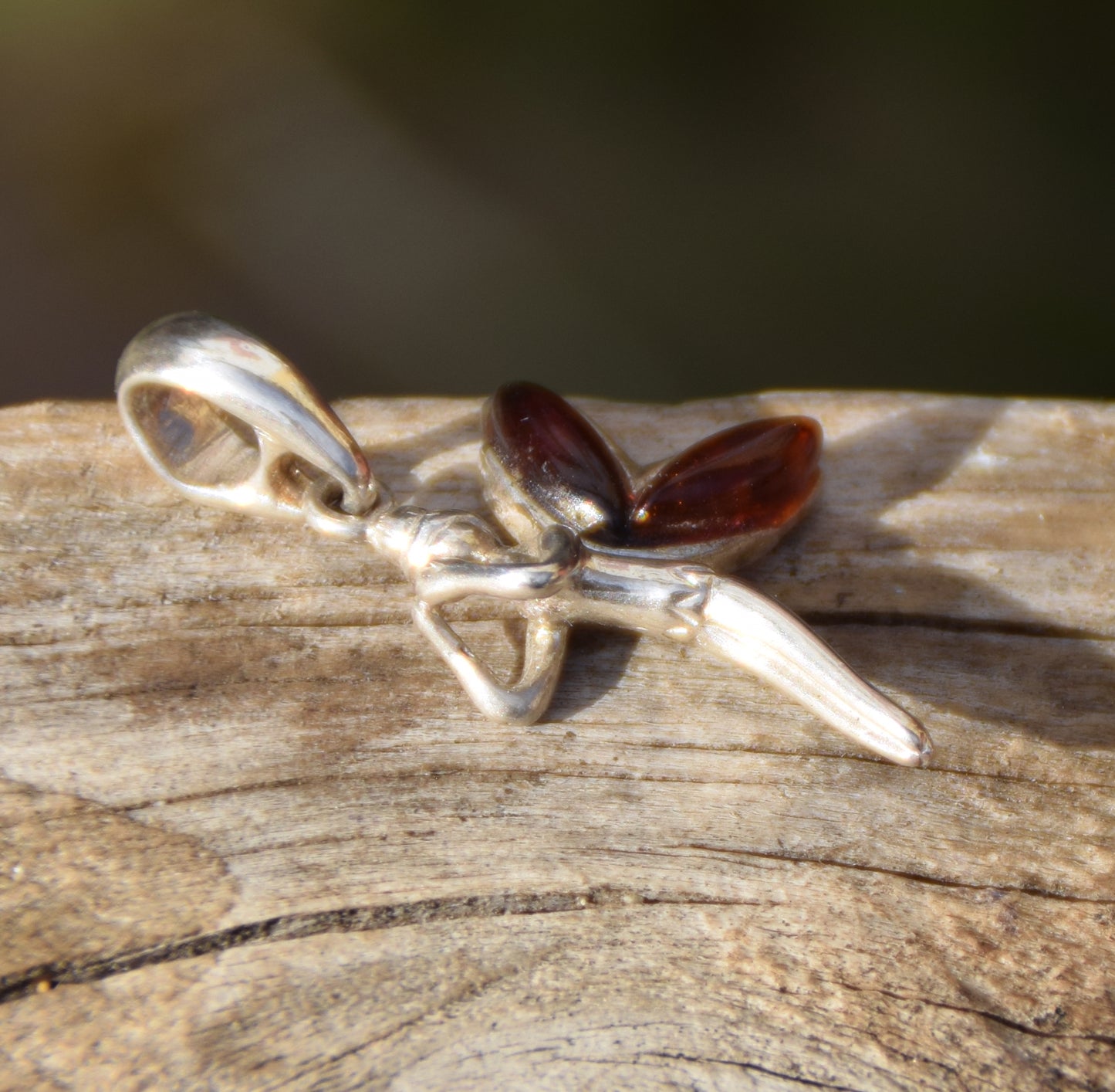 Delicate fairy pendant in dark brown natural Amber and 925 Sterling Silver, MJ Baltica, BW049