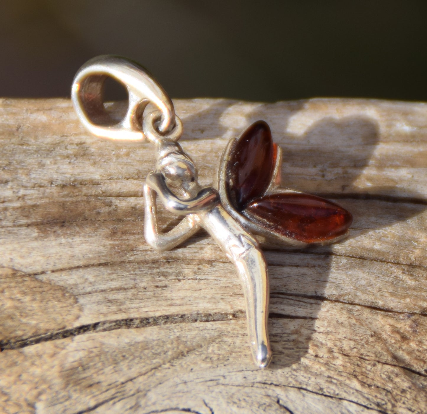 Delicate fairy pendant in dark brown natural Amber and 925 Sterling Silver, MJ Baltica, BW049