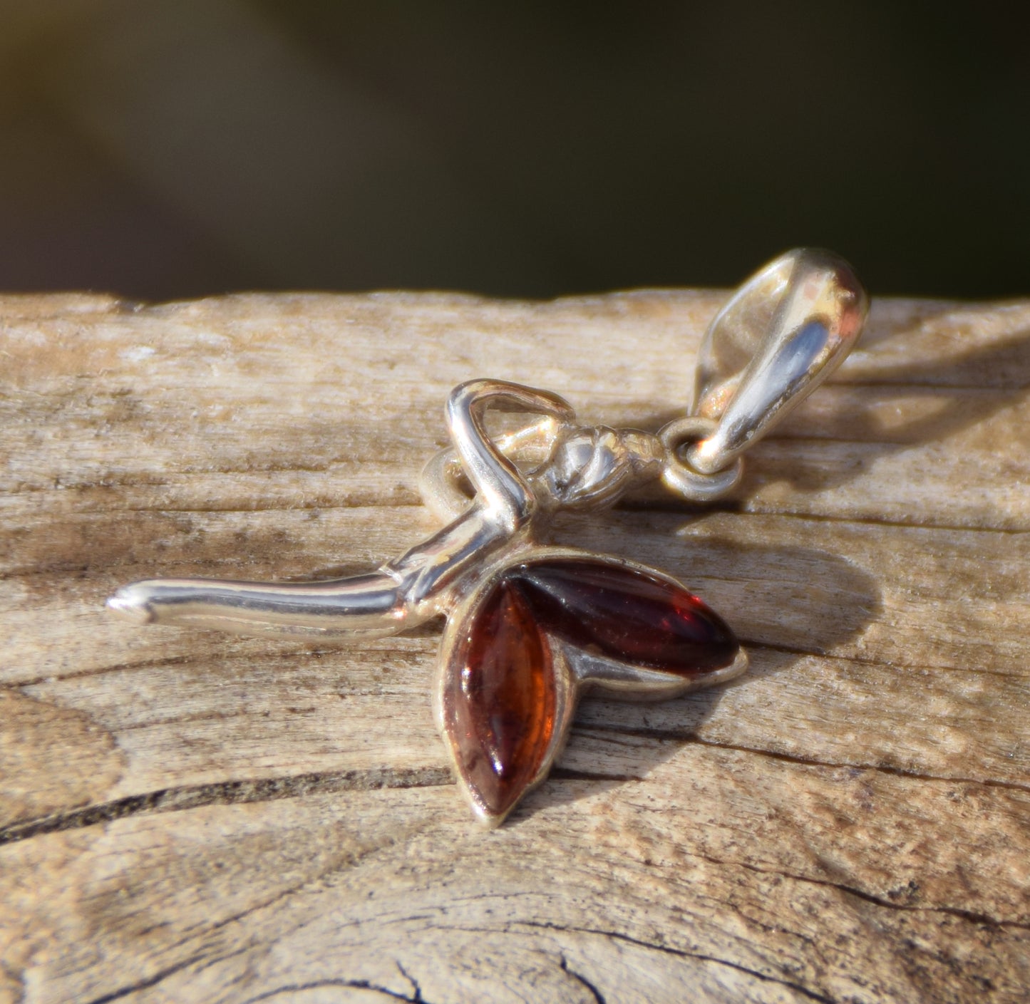 Delicate fairy pendant in dark brown natural Amber and 925 Sterling Silver, MJ Baltica, BW049