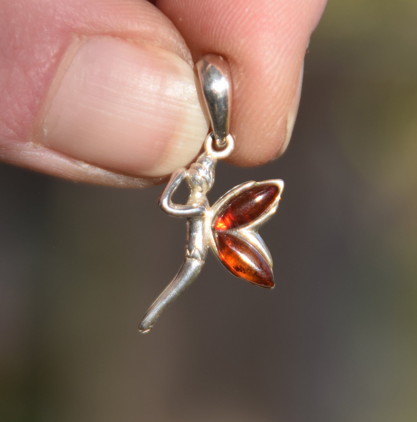 Delicate fairy pendant in dark brown natural Amber and 925 Sterling Silver, MJ Baltica, BW049