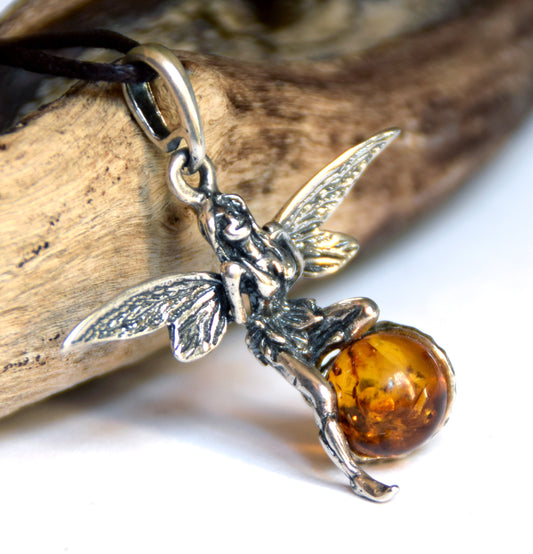 Fairy-shaped pendant in cognac-colored natural amber and 925 silver, MJ Baltica, BW056