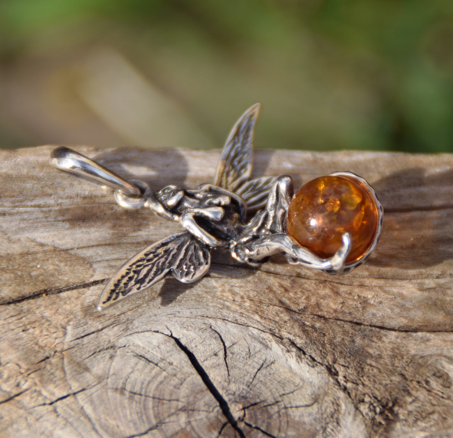 Fairy-shaped pendant in cognac-colored natural amber and 925 silver, MJ Baltica, BW056