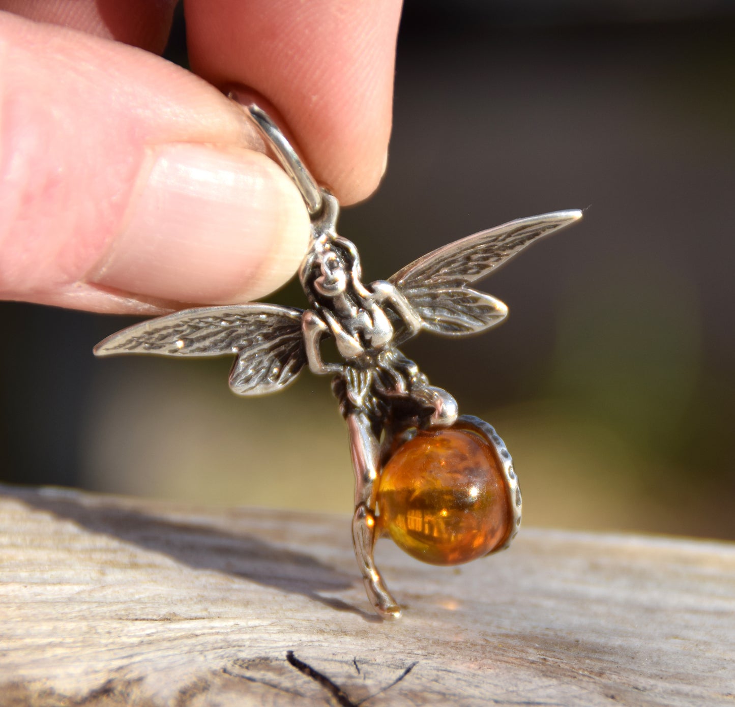Fairy-shaped pendant in cognac-colored natural amber and 925 silver, MJ Baltica, BW056
