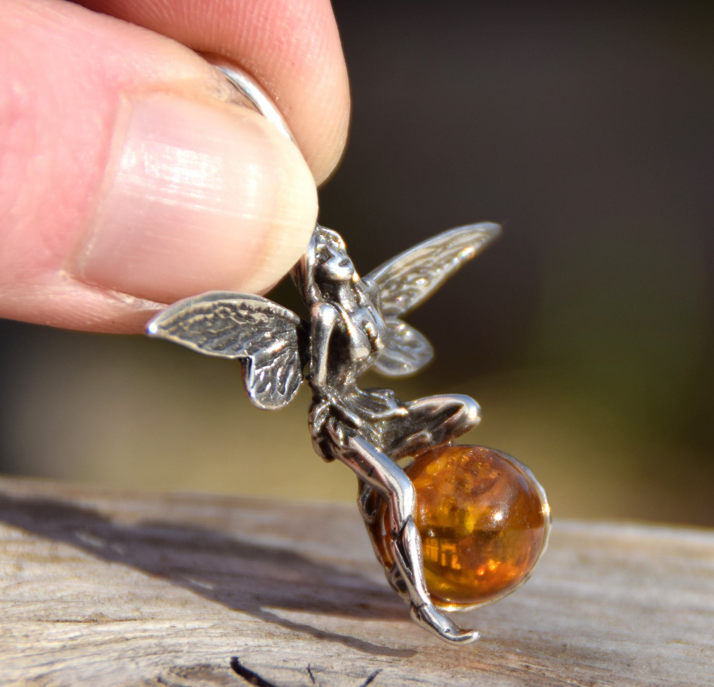Fairy-shaped pendant in cognac-colored natural amber and 925 silver, MJ Baltica, BW056