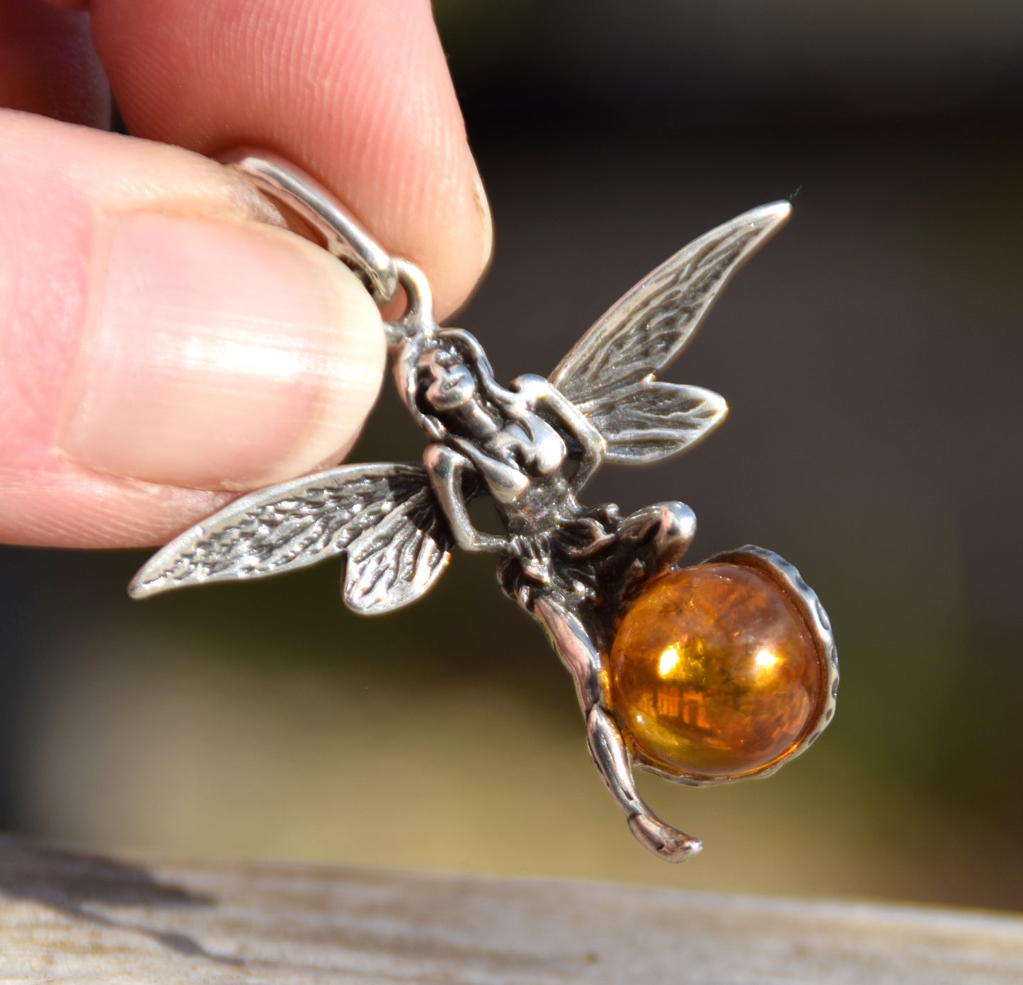 Fairy-shaped pendant in cognac-colored natural amber and 925 silver, MJ Baltica, BW056