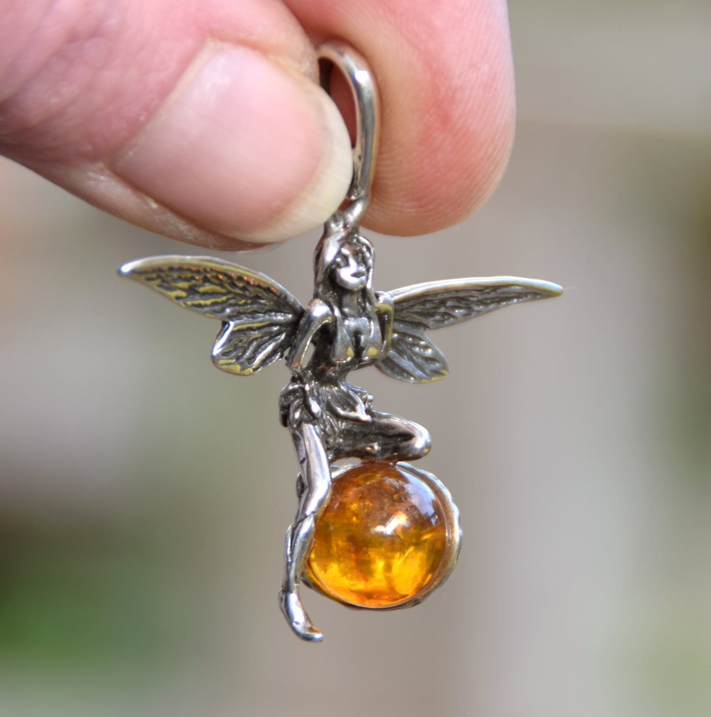 Fairy-shaped pendant in cognac-colored natural amber and 925 silver, MJ Baltica, BW056