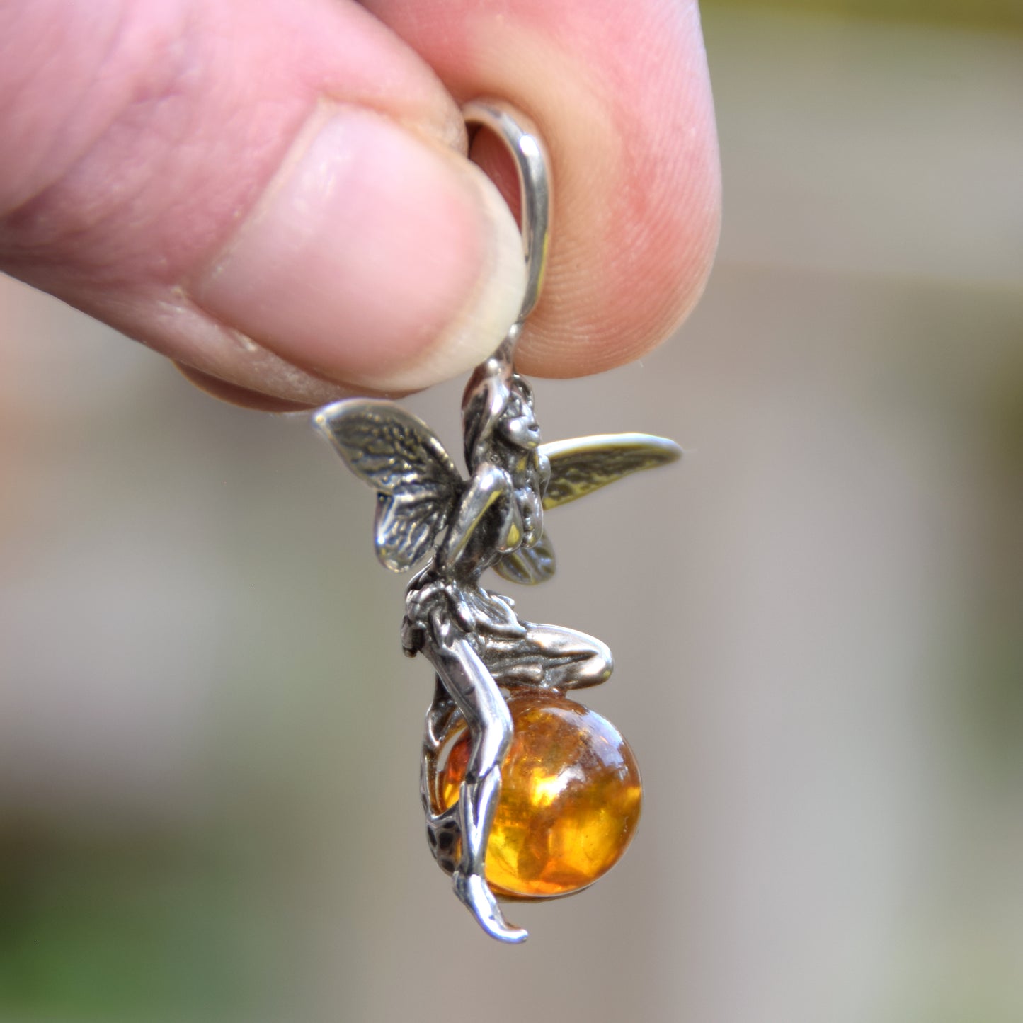 Fairy-shaped pendant in cognac-colored natural amber and 925 silver, MJ Baltica, BW056