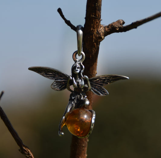 MJ Baltica, ciondolo, Ambra naturale Baltica, Argento 925, fata, grande, artigianale, BW056