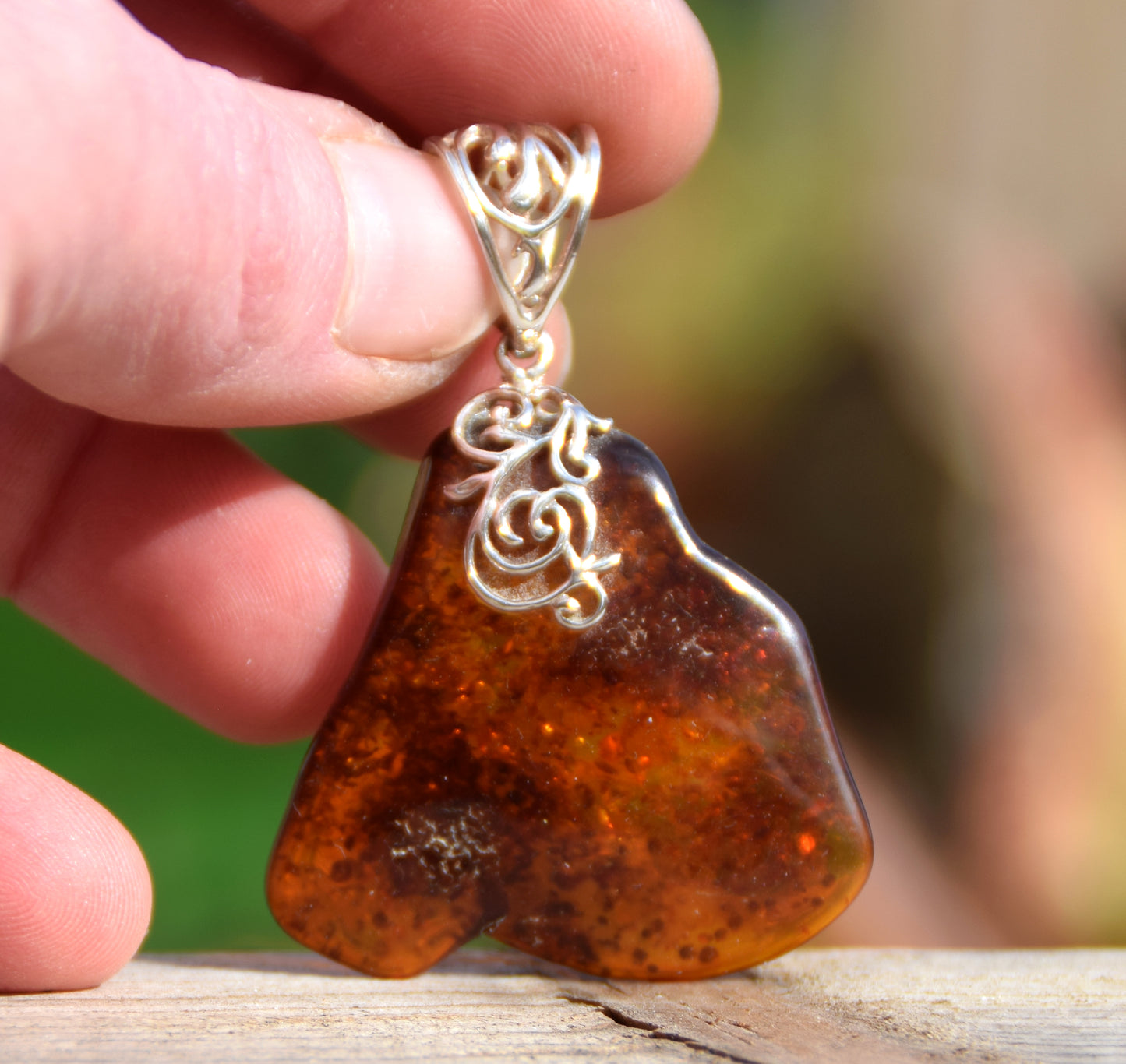 Large irregular pendant with natural cognac amber and 925 Silver, MJ Baltica, BW065