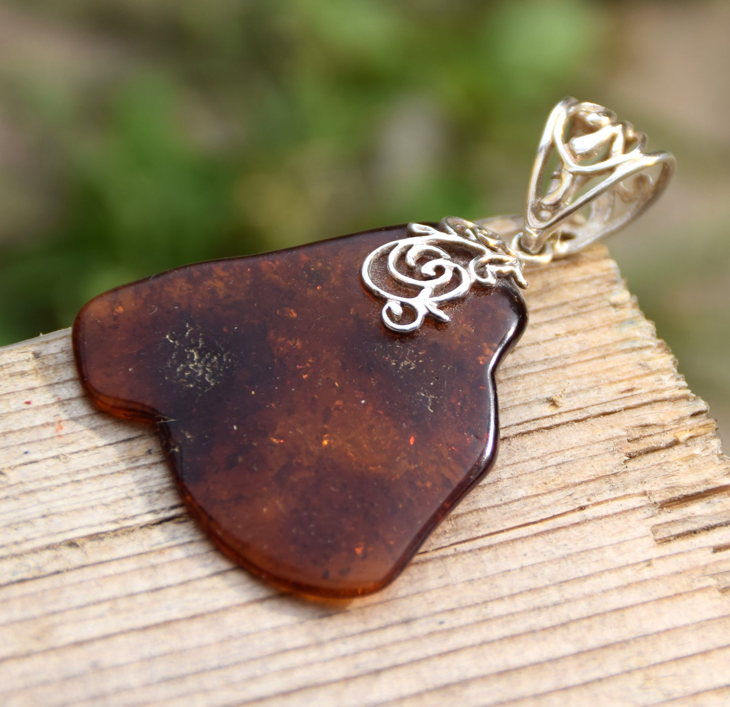 Large irregular pendant with natural cognac amber and 925 Silver, MJ Baltica, BW065