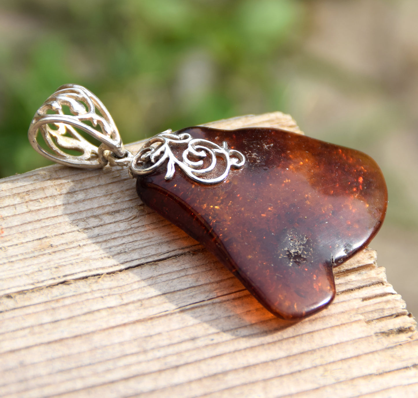 Large irregular pendant with natural cognac amber and 925 Silver, MJ Baltica, BW065