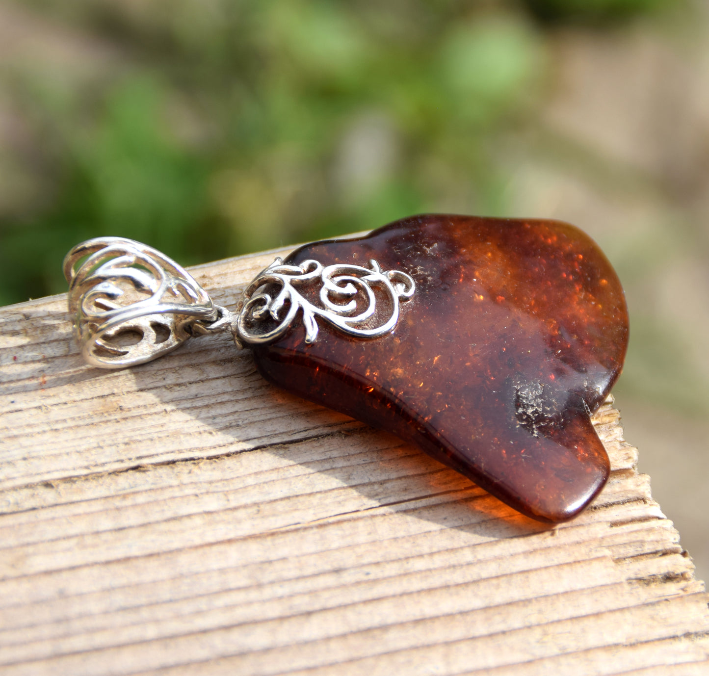 Large irregular pendant with natural cognac amber and 925 Silver, MJ Baltica, BW065