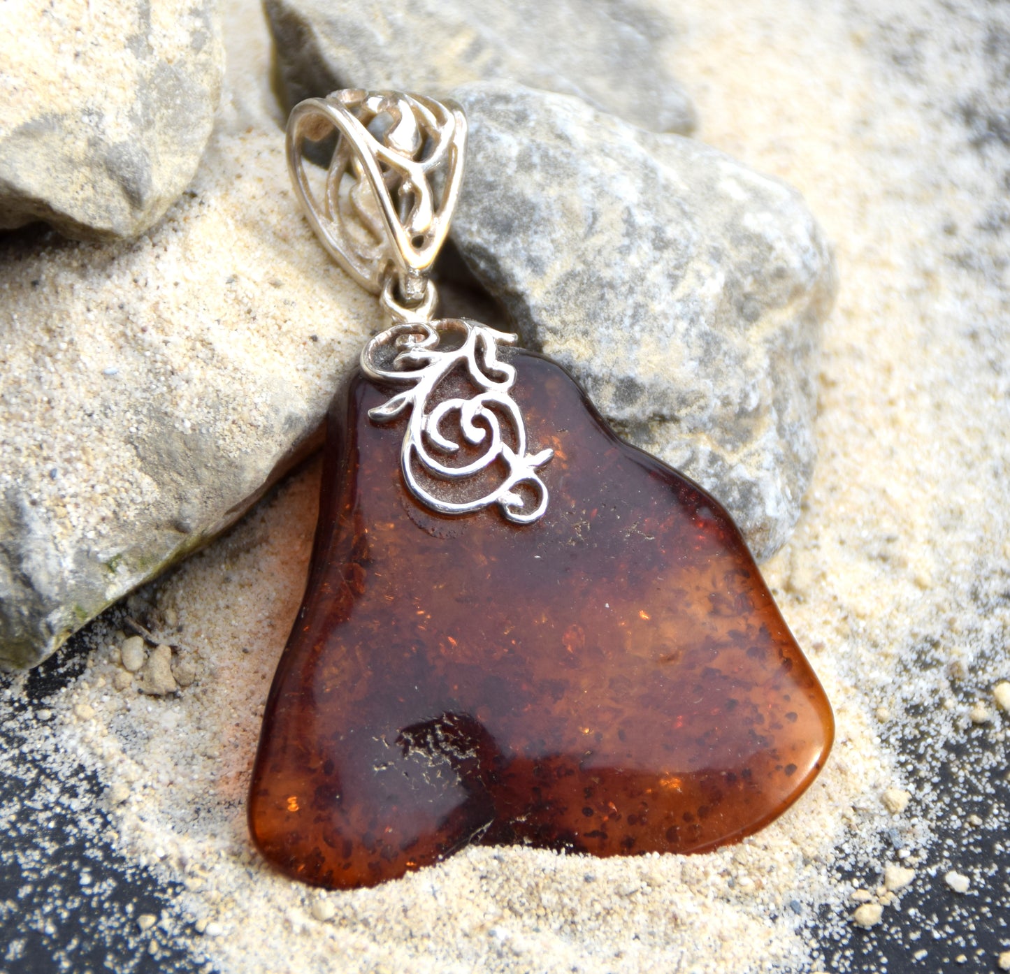 Large irregular pendant with natural cognac amber and 925 Silver, MJ Baltica, BW065