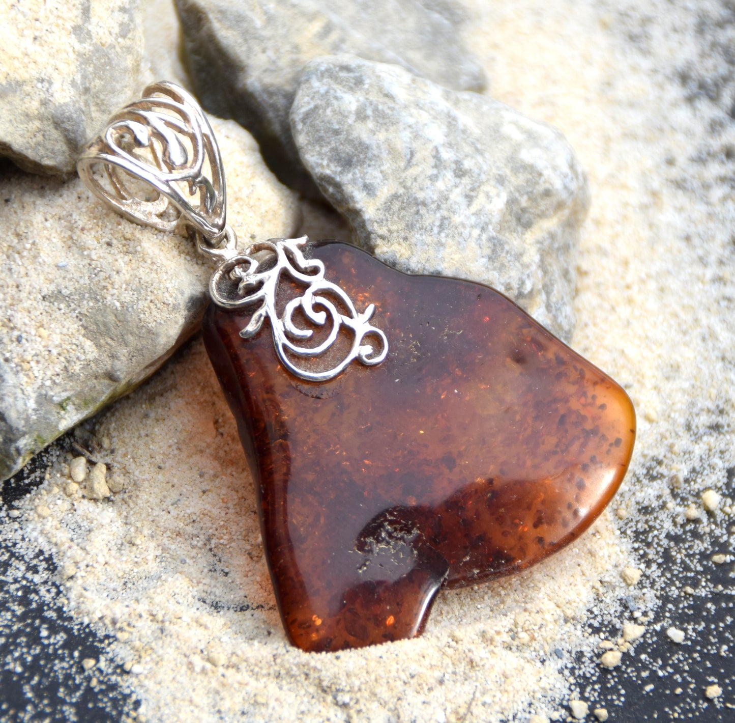 Large irregular pendant with natural cognac amber and 925 Silver, MJ Baltica, BW065