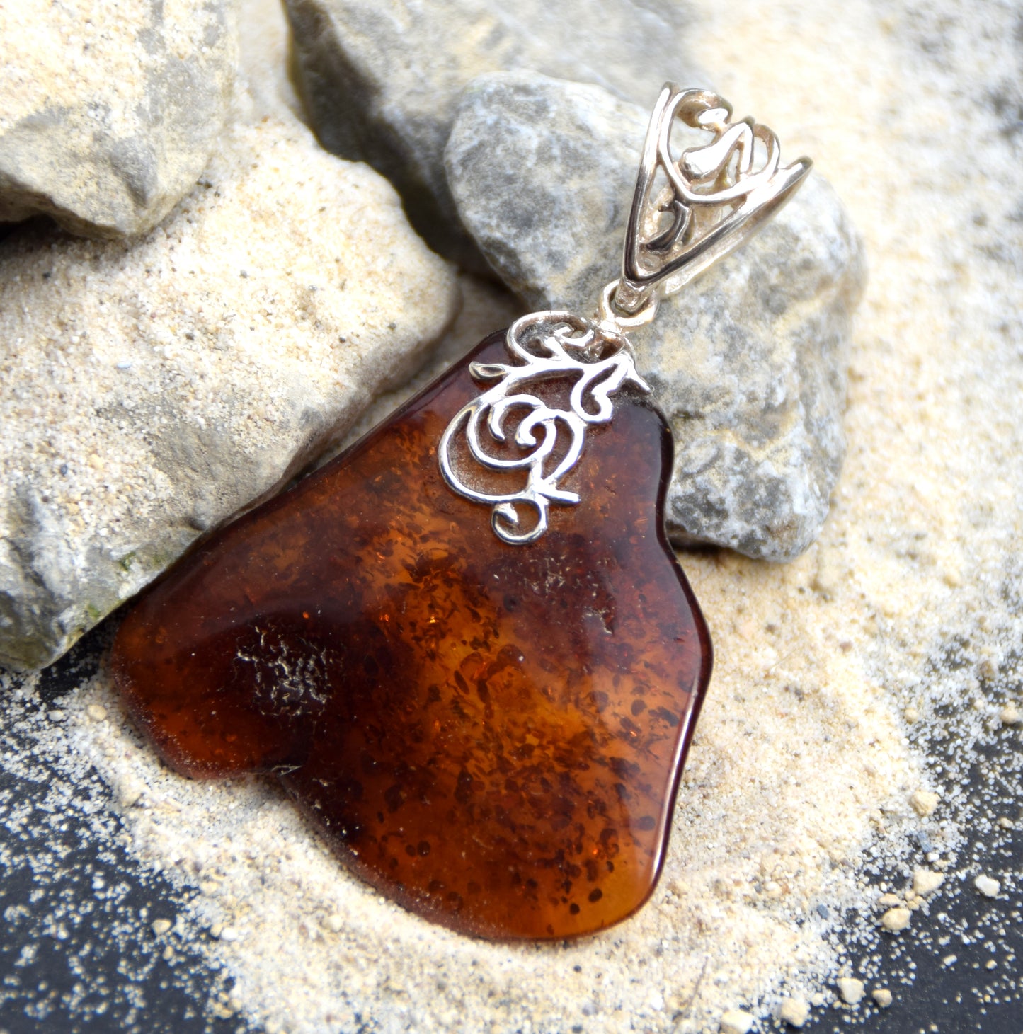 Large irregular pendant with natural cognac amber and 925 Silver, MJ Baltica, BW065