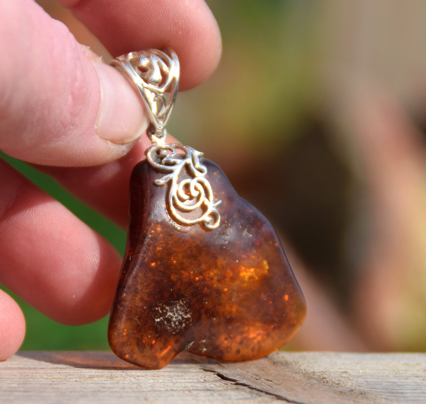 Large irregular pendant with natural cognac amber and 925 Silver, MJ Baltica, BW065