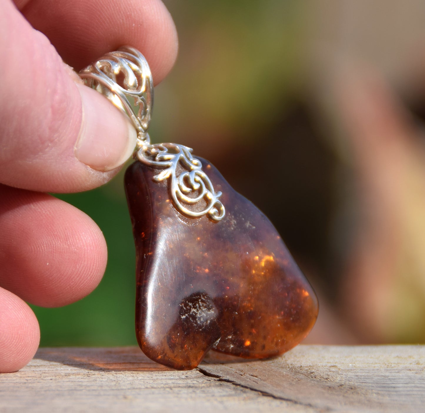 Large irregular pendant with natural cognac amber and 925 Silver, MJ Baltica, BW065