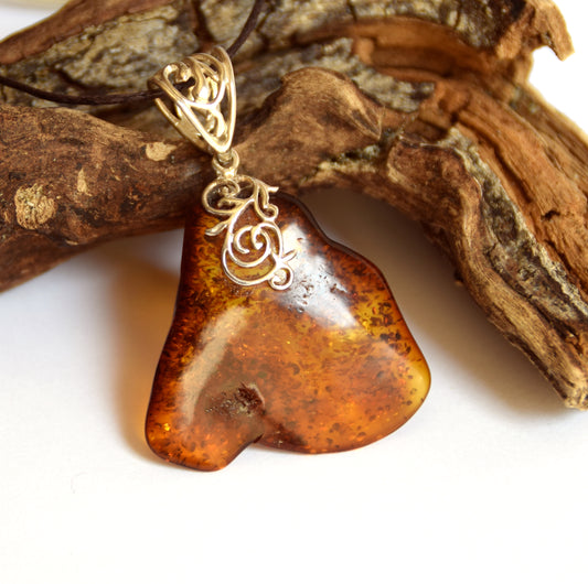 Large irregular pendant with natural cognac amber and 925 Silver, MJ Baltica, BW065