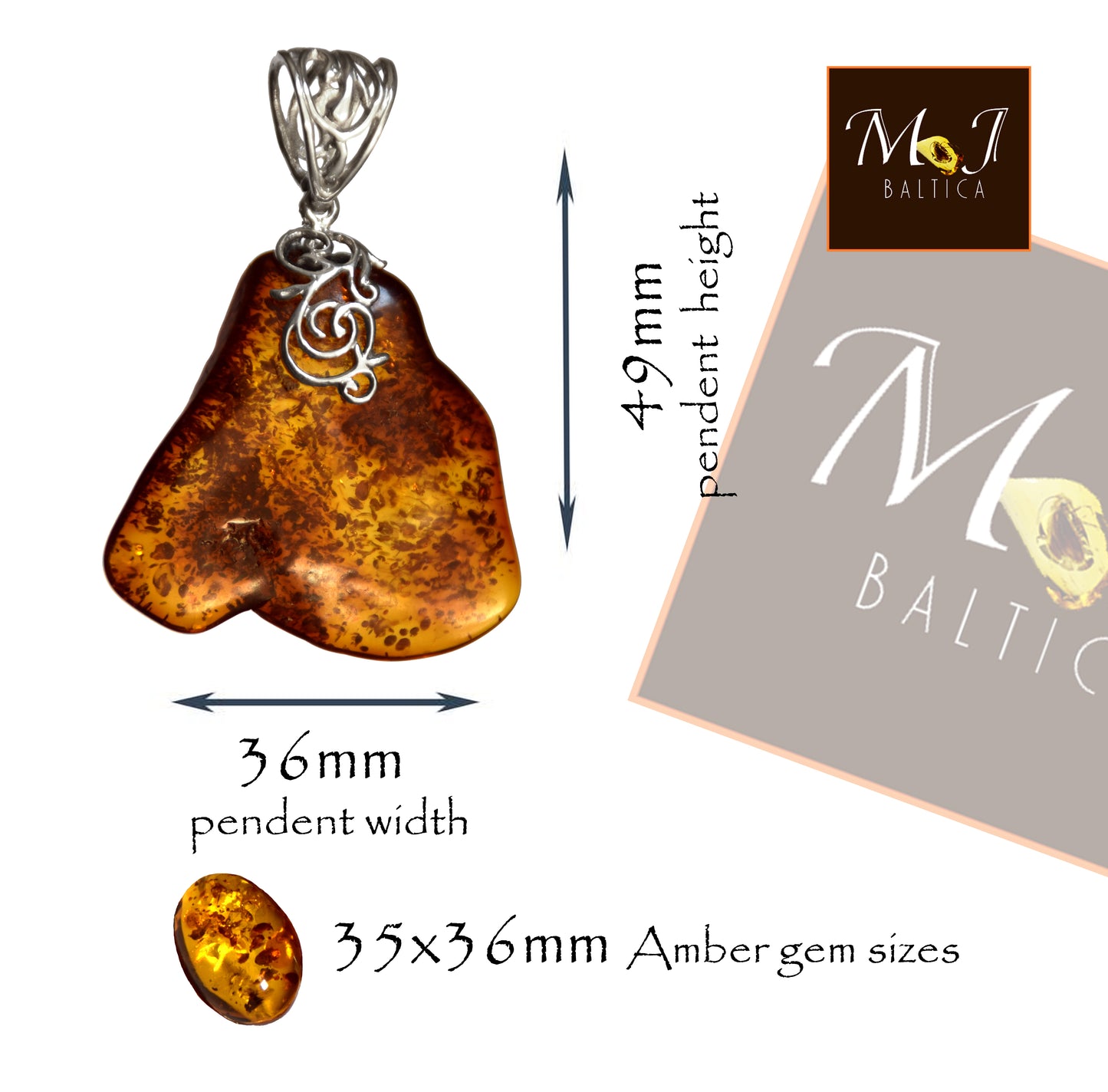Large irregular pendant with natural cognac amber and 925 Silver, MJ Baltica, BW065