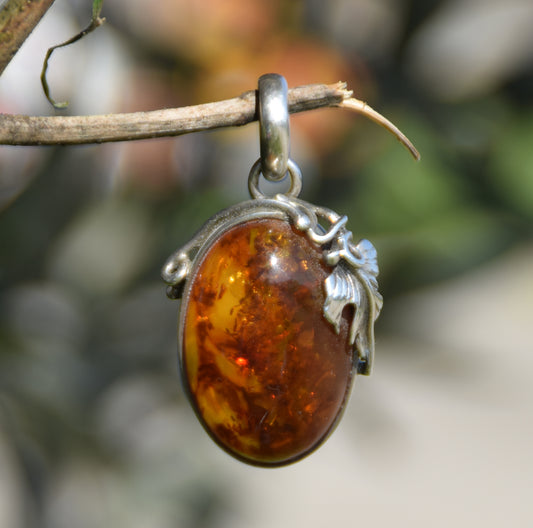 MJ Baltica, ciondolo, Ambra naturale Baltica, Argento 925, grande, classico, floreale, vintage, BW092