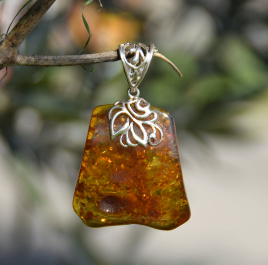 MJ Baltica, ciondolo, Ambra naturale Baltica, Argento 925, grande, luminoso, squadrato, BW116
