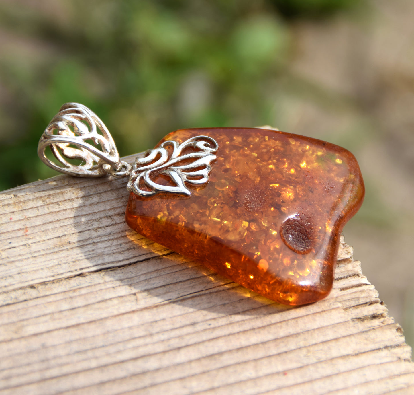 Large vintage style pendant with natural cognac amber and 925 Silver, MJ Baltica, BW116
