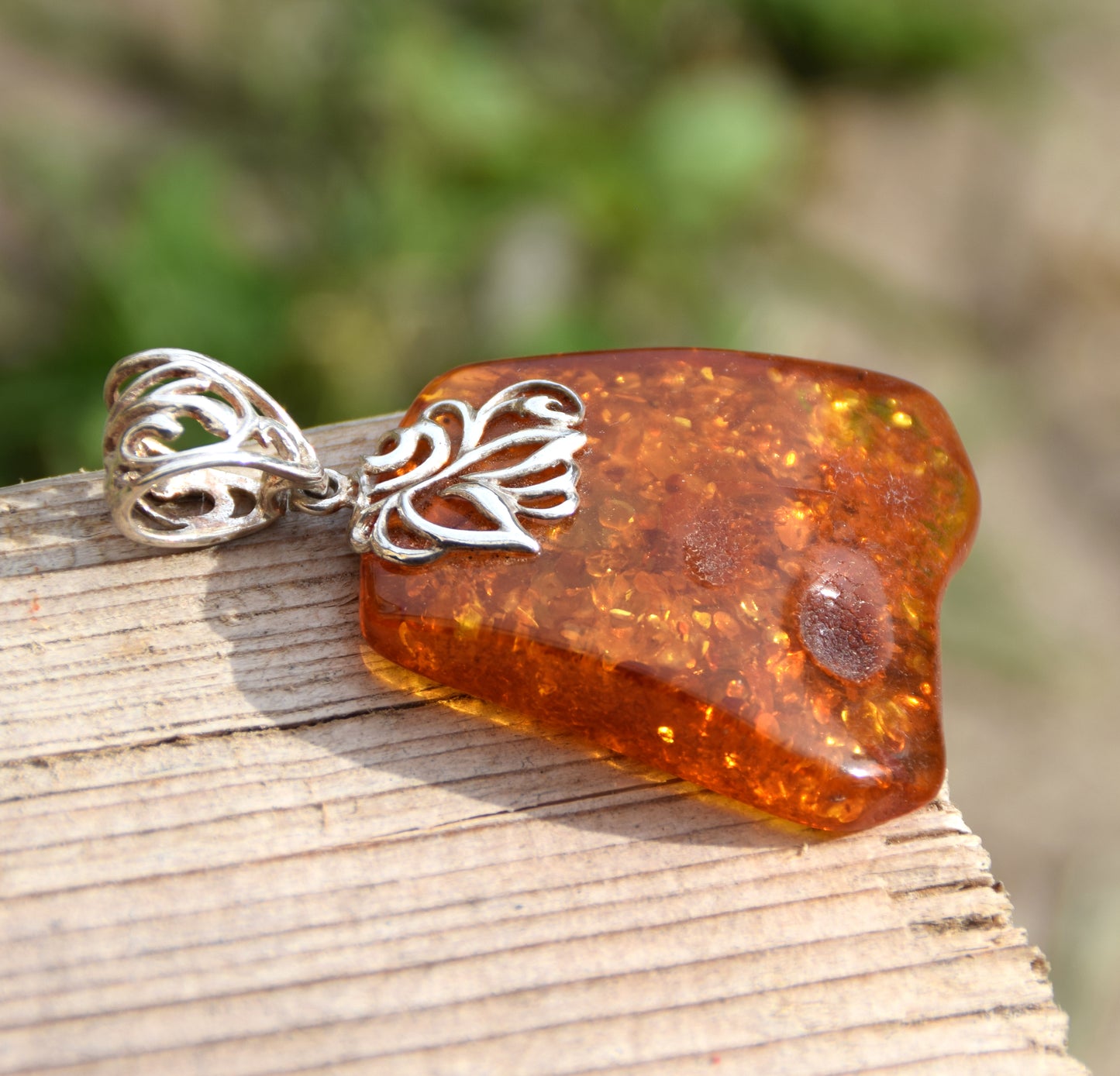 Large vintage style pendant with natural cognac amber and 925 Silver, MJ Baltica, BW116