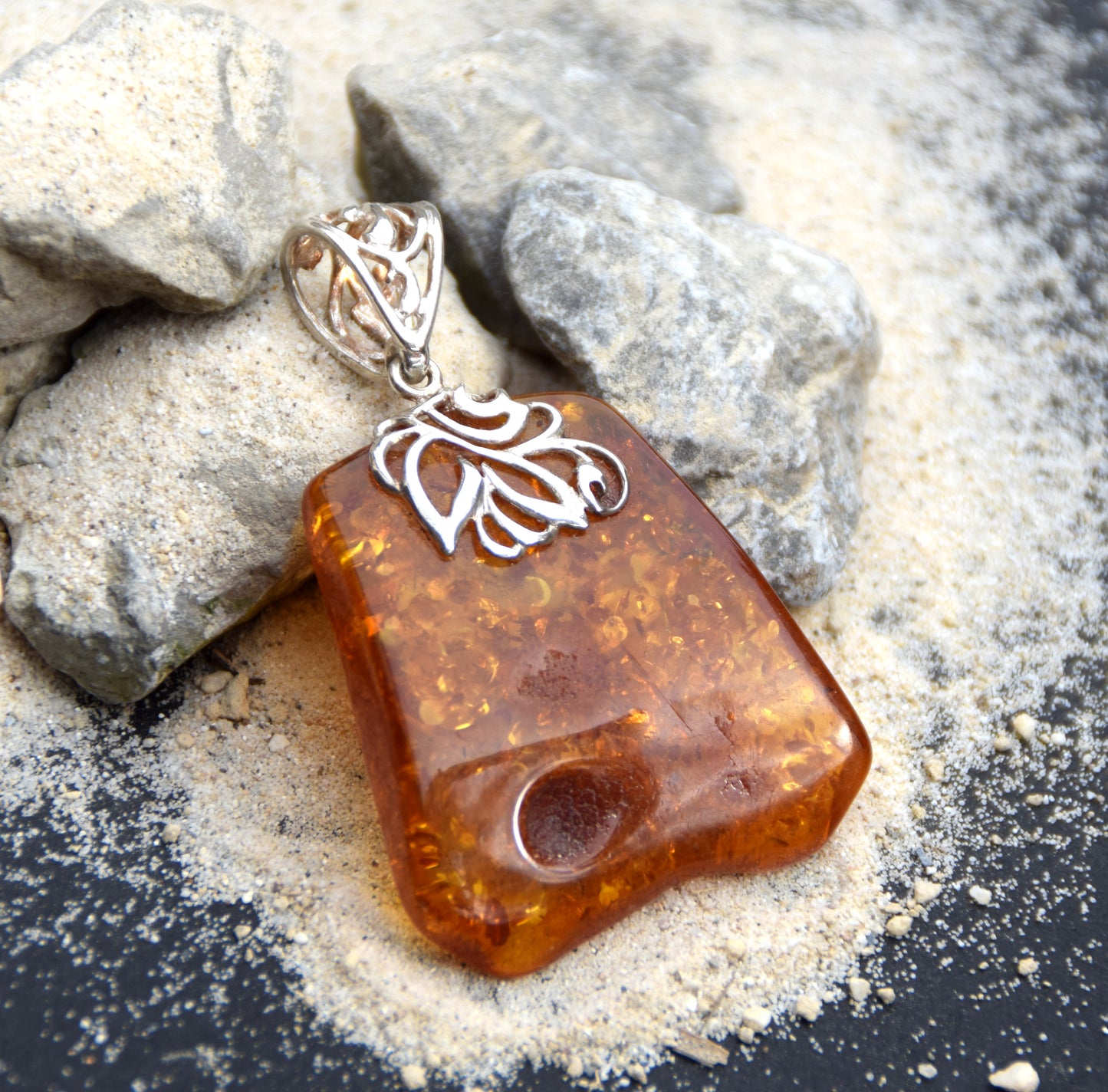 Large vintage style pendant with natural cognac amber and 925 Silver, MJ Baltica, BW116