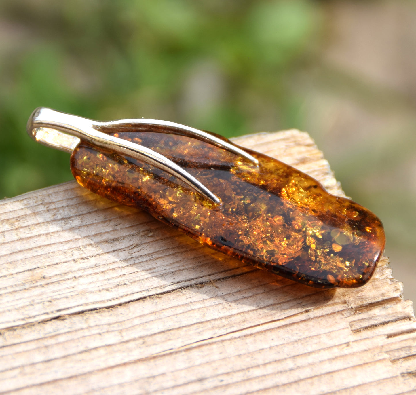 Cognac-colored natural Amber and 925 Sterling Silver essential style pendant, MJ Baltica, BW121