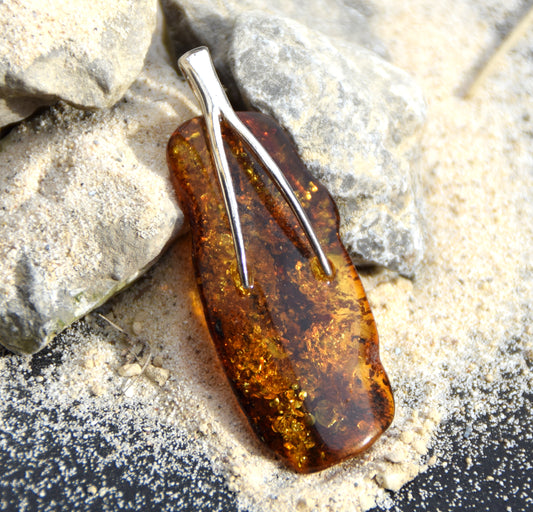 Cognac-colored natural Amber and 925 Sterling Silver essential style pendant, MJ Baltica, BW121