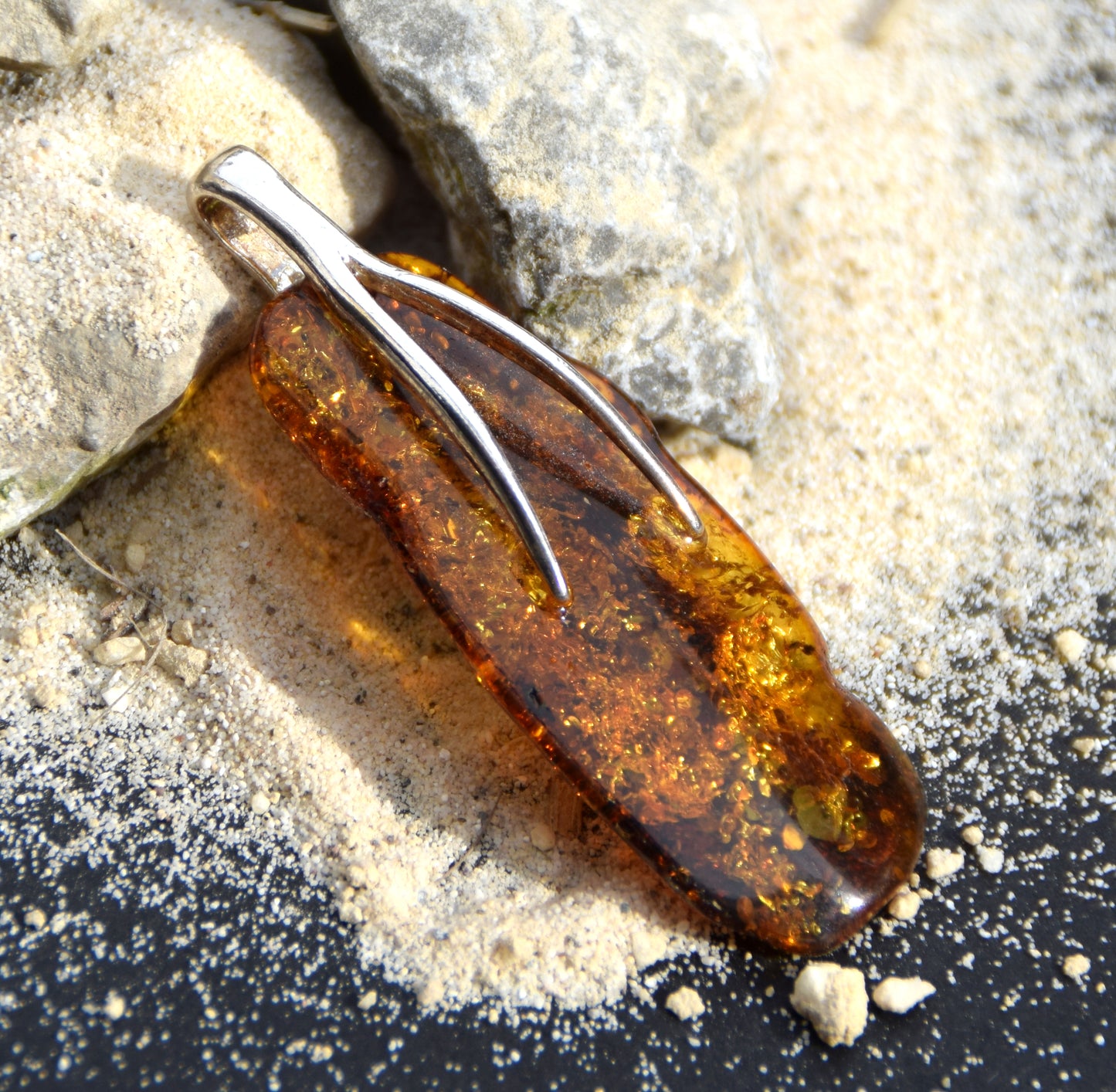 Cognac-colored natural Amber and 925 Sterling Silver essential style pendant, MJ Baltica, BW121