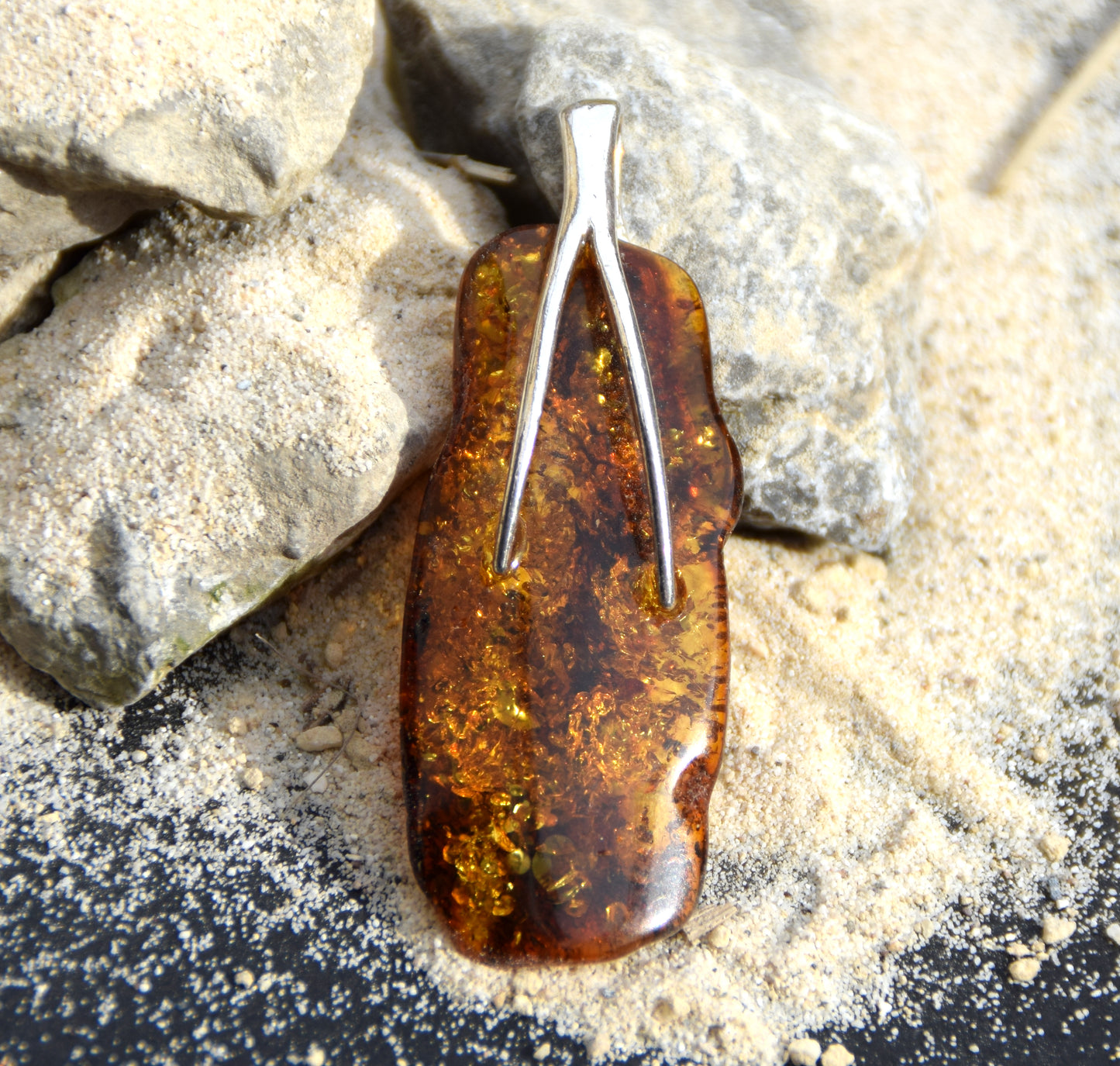 Cognac-colored natural Amber and 925 Sterling Silver essential style pendant, MJ Baltica, BW121