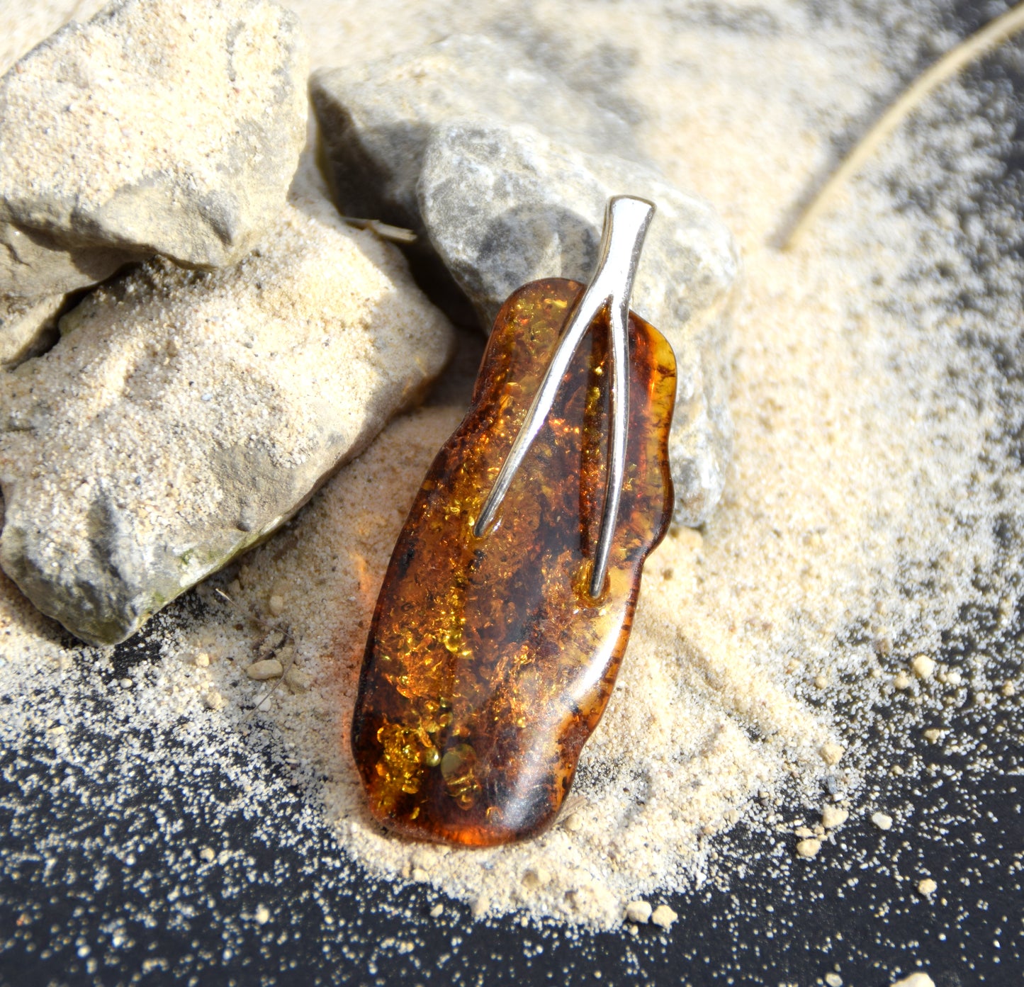 Cognac-colored natural Amber and 925 Sterling Silver essential style pendant, MJ Baltica, BW121