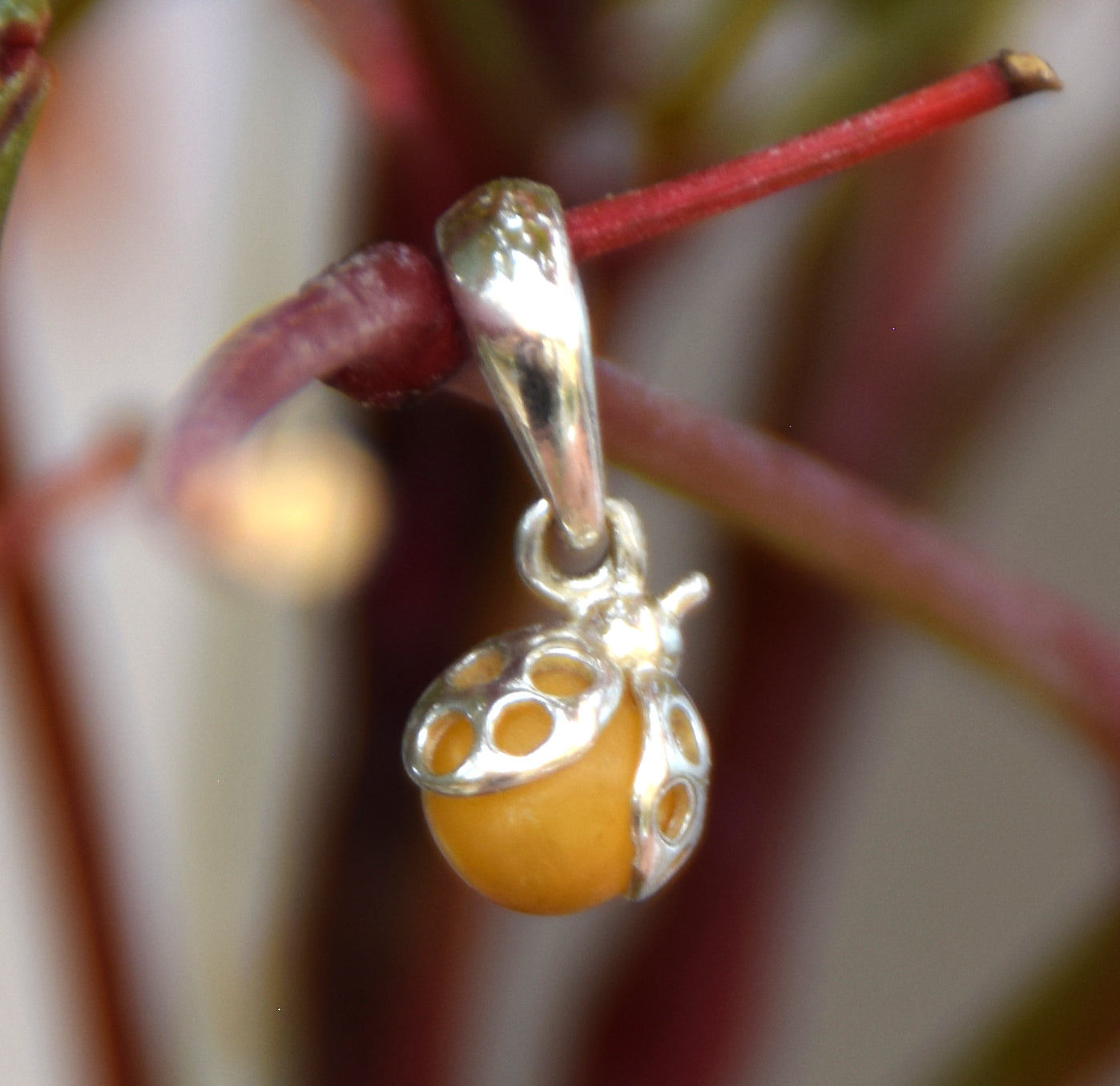 Delicate Ladybug Charm Necklace with Imperial Natural Amber and 925 Sterling Silver, MJ Baltica, BW140