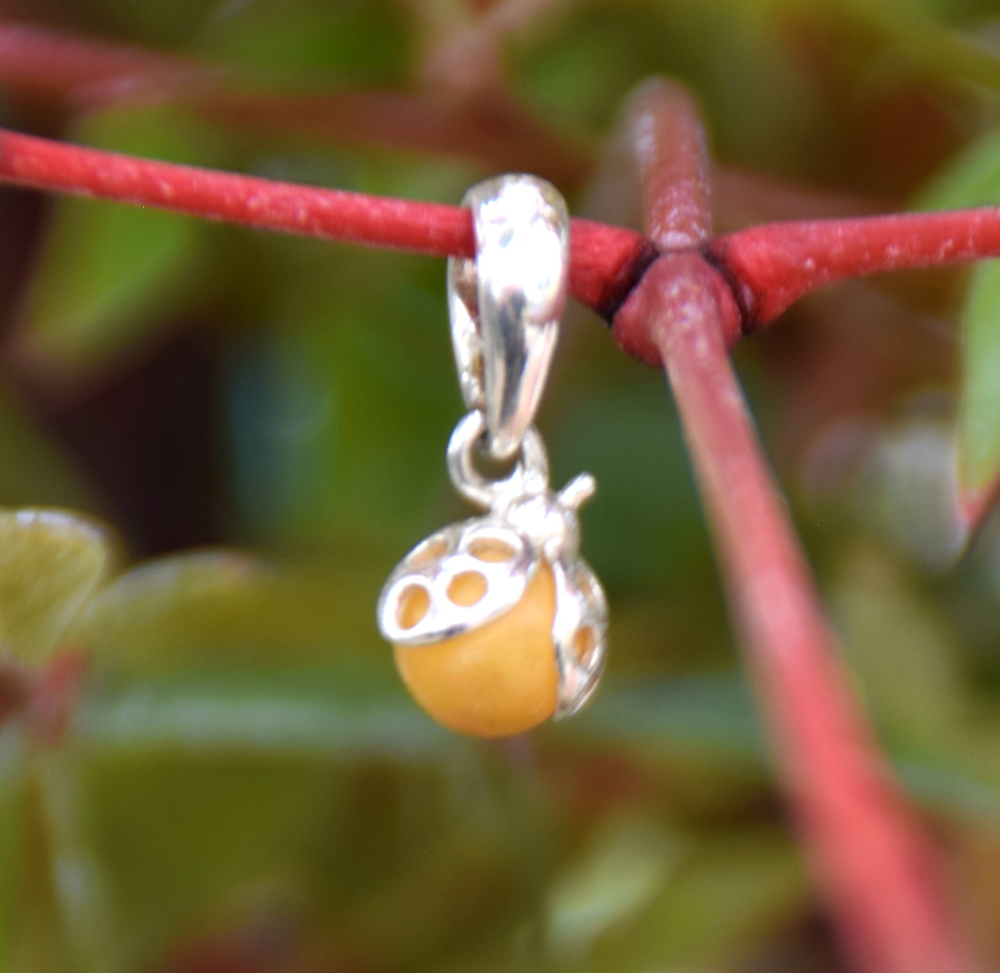 Delicate Ladybug Charm Necklace with Imperial Natural Amber and 925 Sterling Silver, MJ Baltica, BW140