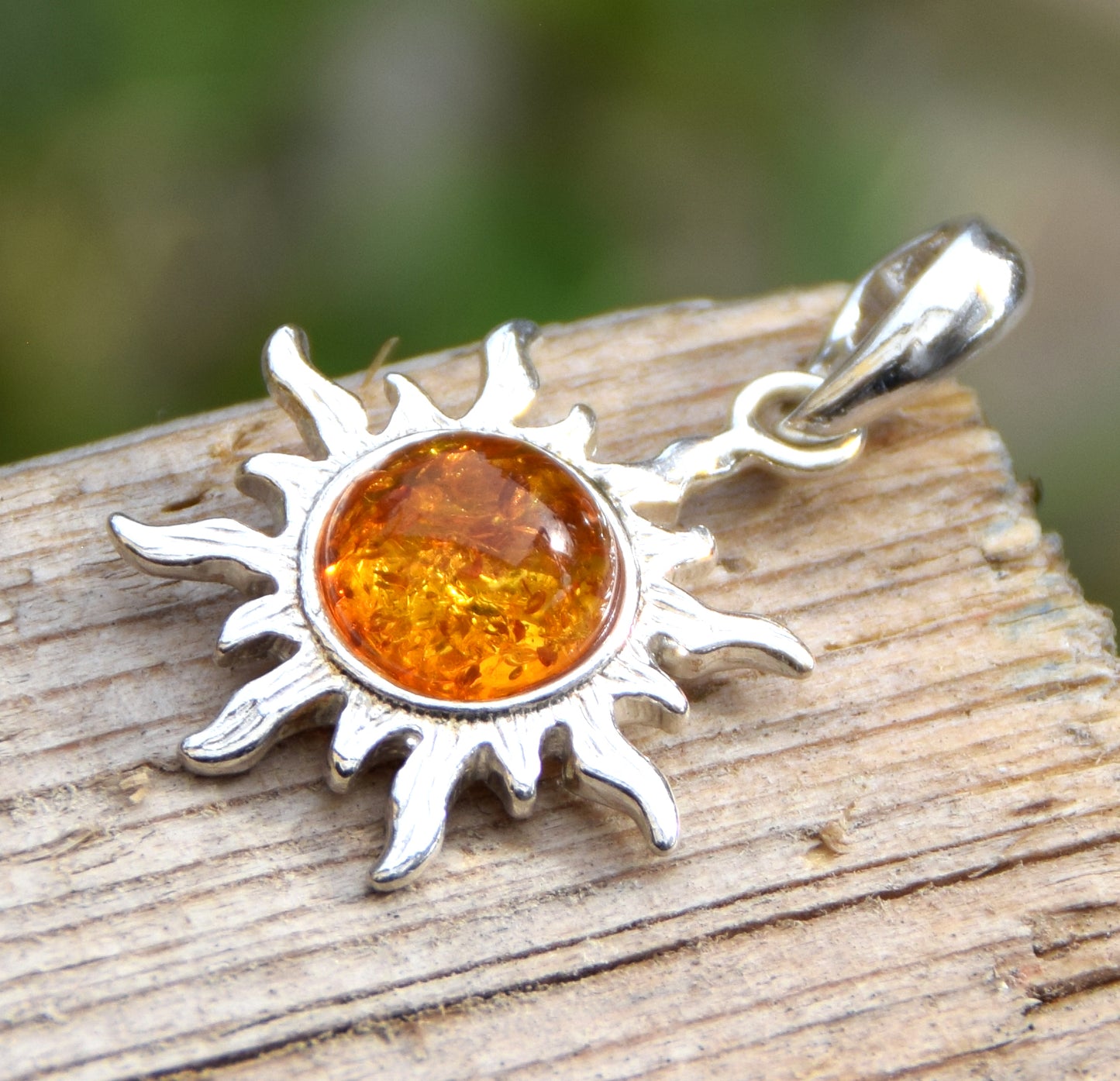 Luminous sun pendant in natural cognac amber and 925 silver, MJ Baltica, BW146