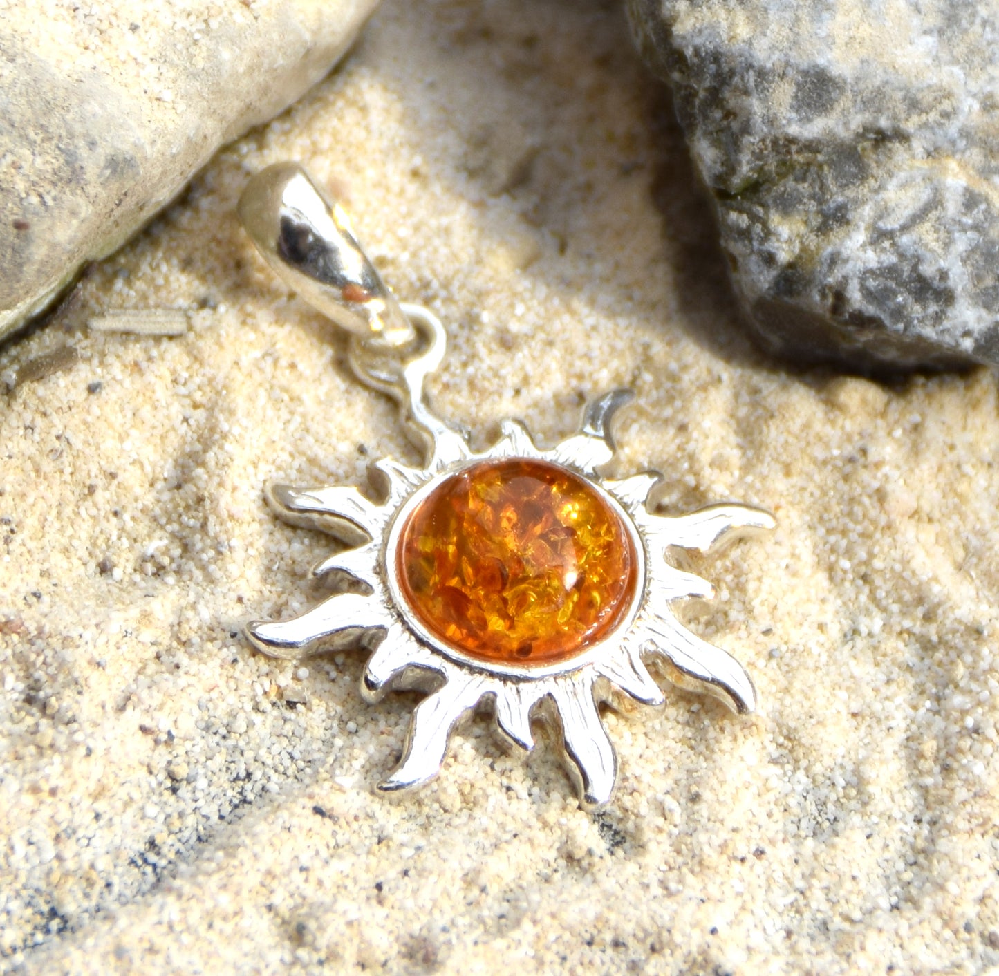 Luminous sun pendant in natural cognac amber and 925 silver, MJ Baltica, BW146