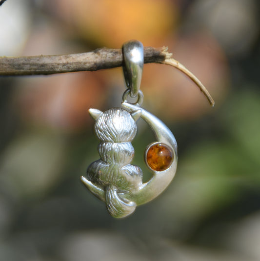 MJ Baltica, ciondolo, Ambra naturale Baltica, Argento 925, gatto, luna, artigianale, delicato, BW151